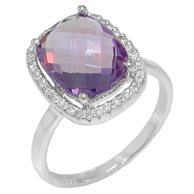 View 14K White  Gold<BR> Amethyst and Diamond Ring