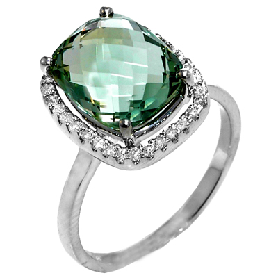 View 14K White  Gold<BR> Green Amethyst and Diamond Ring