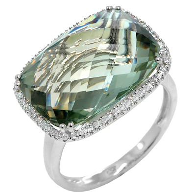 View 14K White  Gold<BR> Green Amethyst and Diamond Ring