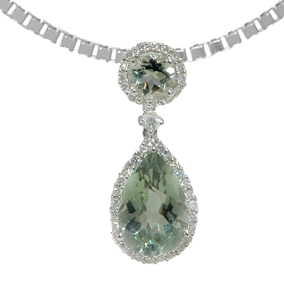 View 14K White  Gold<BR> Green Amethyst and Diamond Pendant