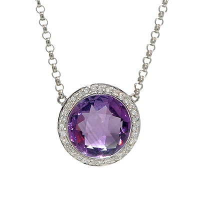 View 14K White  Gold<BR> Amethyst and Diamond Pendant