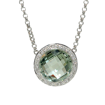 View 14K White  Gold<BR> Green Amethyst and Diamond Pendant