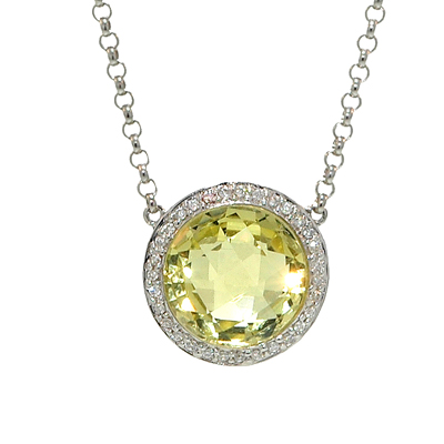 View 14K White  Gold<BR> Lemon Quartz and Diamond Pendant