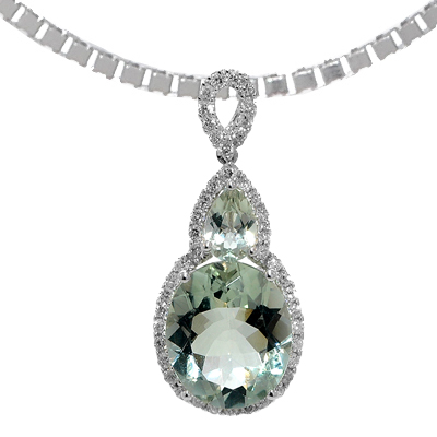View 14K White  Gold<BR> Green Amethyst and Diamond Pendant
