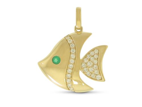 View 14K Yellow  Gold<BR> Emerald and Diamond Pendant