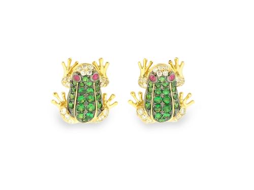 View 18K Yellow  Gold<BR> Ruby / Green Garnet and Diamond Earrings